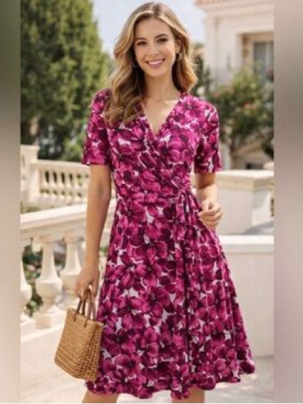 Julie Dillon Wedding Guest Summer Floral Wrap V-Neck Midi Dress, 14